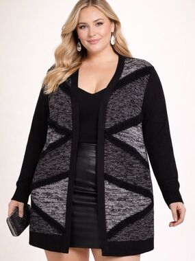 89th & Madison Metallic Open Cardigan 2X Black Gray Longline +Size Chic Layer‎